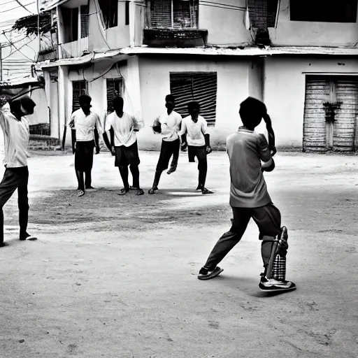 Image similar to four guys playing a game of cricket, on an indian street, award winning image, national geographic, dslr 3 0 mm image, black and white, wow, gorgeous