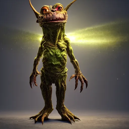 Image similar to full body pose, hyperrealistic photograph of a cute goblin monster, dim volumetric lighting, 8 k, octane beautifully detailed render, extremely hyper detailed, intricate, epic composition, cinematic lighting, masterpiece, trending on artstation, very very detailed, stunning, hdr, smooth, sharp focus, high resolution, award, winning photo, dslr, 5 0 mm