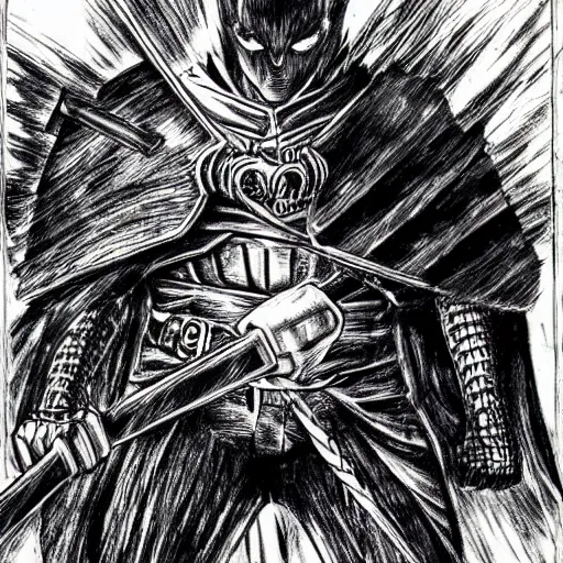 Prompt: Guts in a Berserk manga frame by Kentaro Miura, extremely detailed drawing, dark, gritty