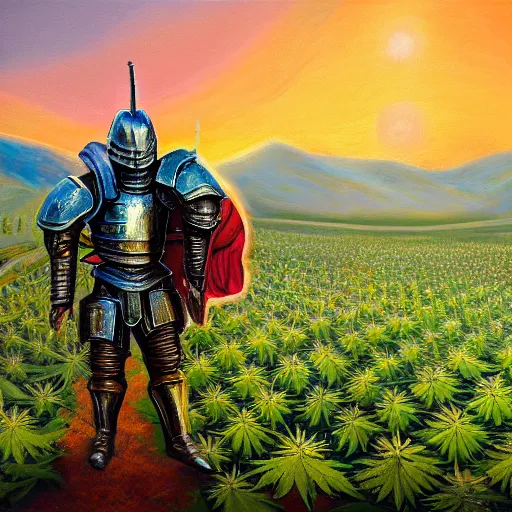 Image similar to an extremly detailed oil painting of a full armored knight, blessing a field of cannabis plants at sunset, trending on artstation, colorful