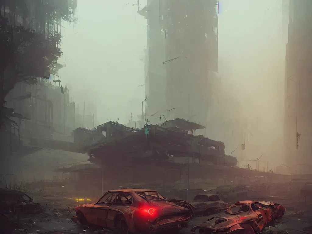 Image similar to post - apocalyptic cityscape overgrown by nature, old cars, destroyed, fog, by atey ghailan, ismail inceoglu, michal lisowski, artstation, volumetric light, high detail, perfect