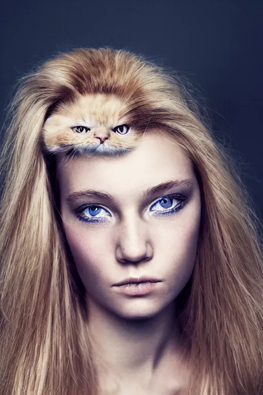 Image similar to photo realistic portrait of a blonde hair blue eyed teenage girl, sharp jawline seductive pose, Teary-eyed, makeup with a cat close to her. Photography portrait by Paolo Roversi