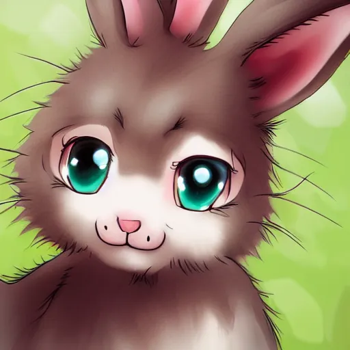 Prompt: cute furry bunny, green eyes, light brown fur, anime, wlop