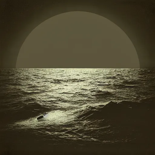 Prompt: dark photo of an ufo above the ocean, black and white, 1 9 2 0's, pictorialism