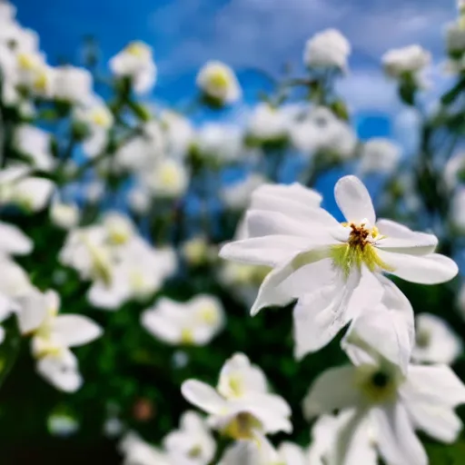 Image similar to bright perfume bottle sitting on a white clean surface surrounded by a plethora of blurred white flowers close up shot, upfront, with sunny bright blue sky and clouds in the background, softly - lit, soft - warm, zen, light, modern minimalist f 2 0 clean