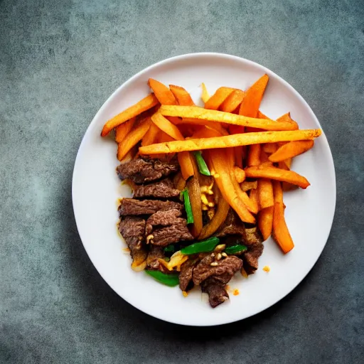 Image similar to dslr food photograph of stir fried beef, mixed with tomato wedges and french fries, with white rice on the side, 8 5 mm f 1. 8