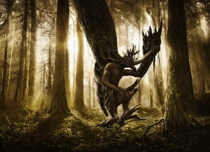Image similar to an incredibly scary and very very unique monster creature with animal, human and tree characteristics, ancient folk legend in the forest, extremely creative, detailed, gloomy, dramatic evening light, lens flare, 1 8 mm lens, digital medium format professional photography
