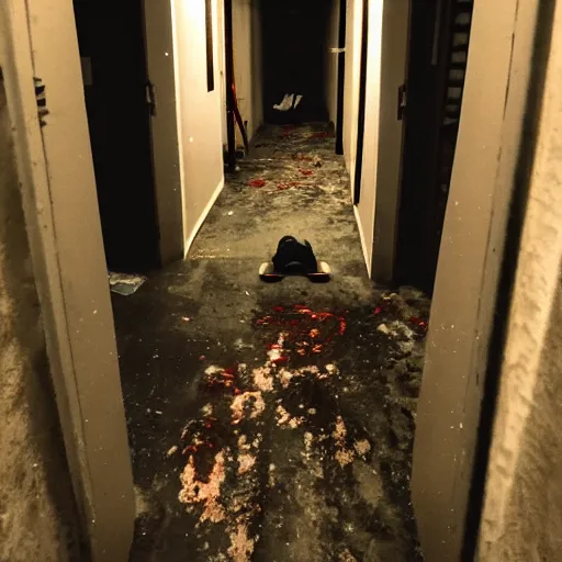 Prompt: pov of a person stuck in the backrooms, with dim lights, a trail of blood, and a corpse.