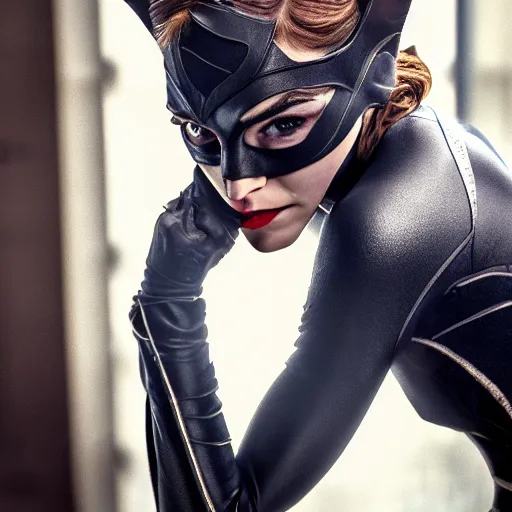 Image similar to Emma Watson as Catwoman, XF IQ4, f/1.4, ISO 200, 1/160s, natural light, Adobe Lightroom, DxO Photolab, polarizing filter, Sense of Depth, AI enhanced, HDR