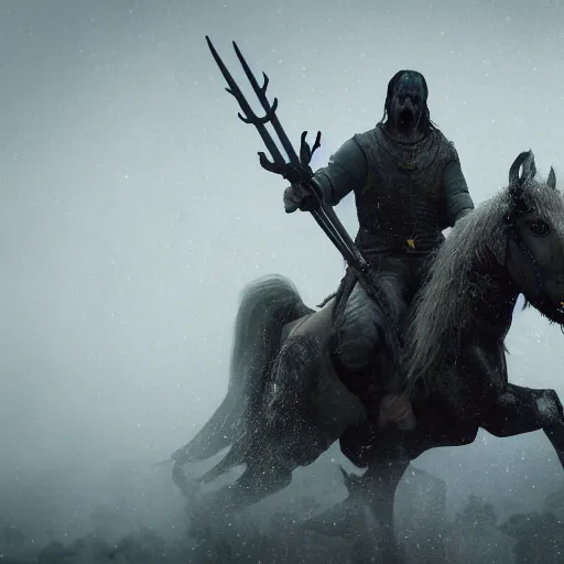 Image similar to the wild hunt, wraiths riding in the sky, spectres, mythical creatures in undead nightmare, bad omen, aflutter enchanted forest, in the style of the witcher, blizzard storm, fog, full moon, snowy environment, hyperrealism, atmospheric, uneasy, cinematic, breathtaking, award winning, groundbreaking, octane render, unreal 5, intricate digital art, 8 k