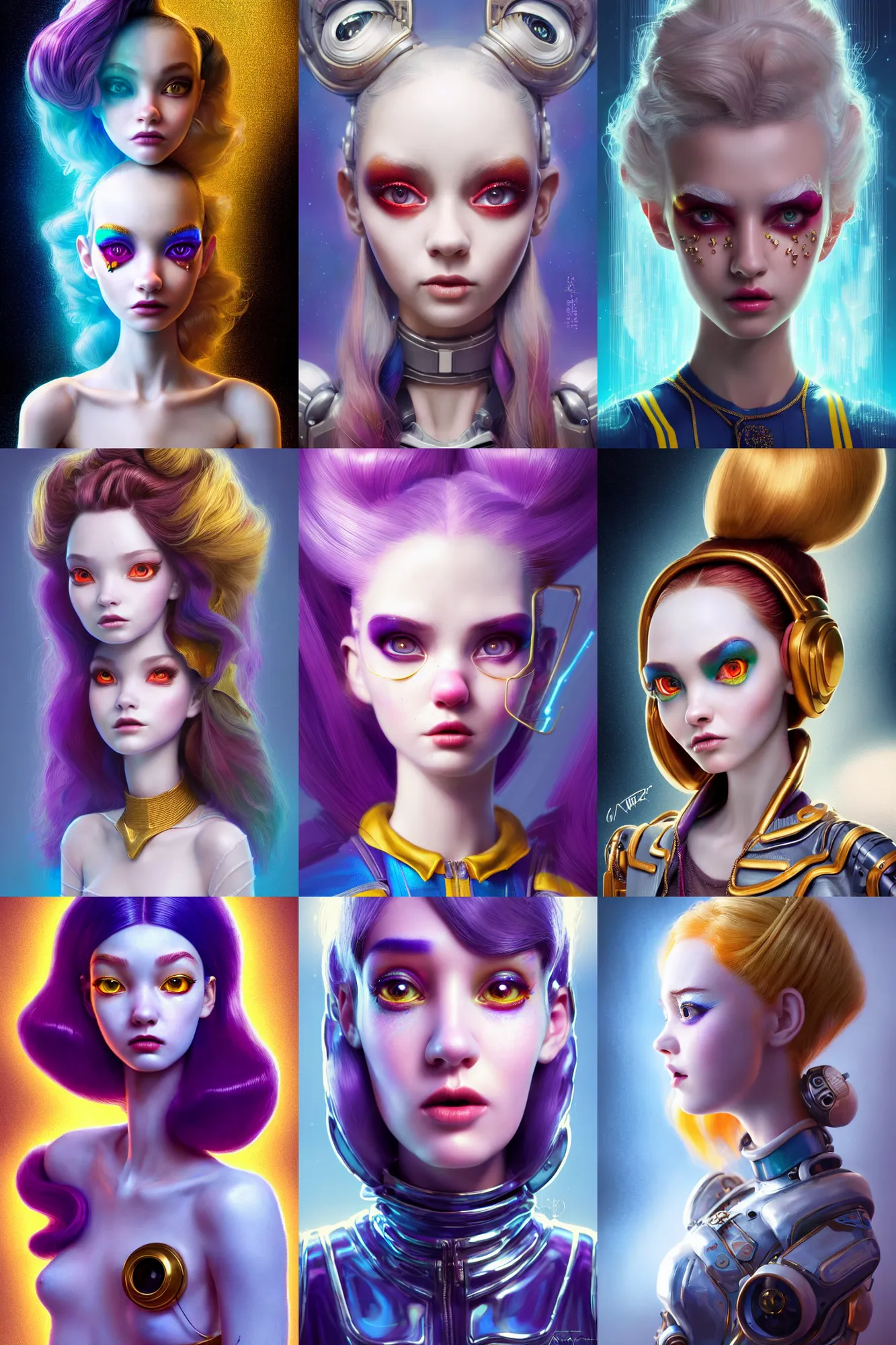 Prompt: pixar portrait 8 k photo, beautiful shiny white porcelain rich galactic alt clowncore russian cyborg college girl, golden ratio details, sci - fi, fantasy, cyberpunk, intricate, decadent, highly detailed, digital painting, ever after high, octane render, artstation, concept art, smooth, sharp focus, illustration, art by artgerm, loish, wlop