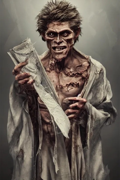 Image similar to A deranged tiny filthy man looking like Willem Dafoe wearing long dark damaged ripped robes showing a magic paper scroll, camera looking down upon, long fingernails, unclipped fingernails, sharp fingernails, focus on face, sharp focus, digital painting, trending on artstation, concept art, fantasy, medieval