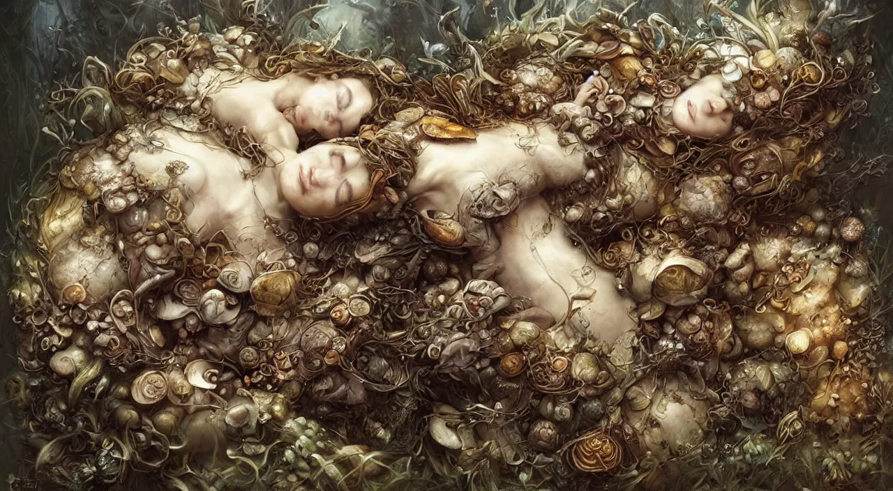 Image similar to pretty sleeping woman with mushrooms as camouflage, by ellen jewett, tomasz alen kopera and justin gerard : 3