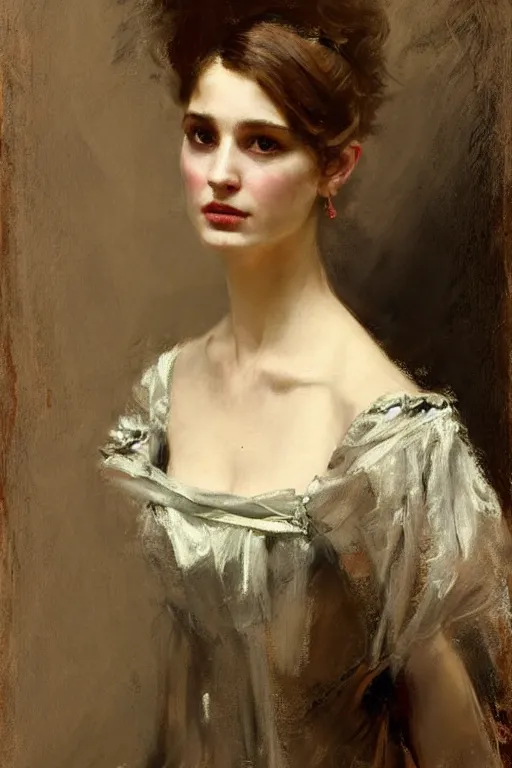 Prompt: Solomon Joseph Solomon and Richard Schmid and Jeremy Lipking victorian genre painting full length portrait painting of a young beautiful woman victorian rich dancer