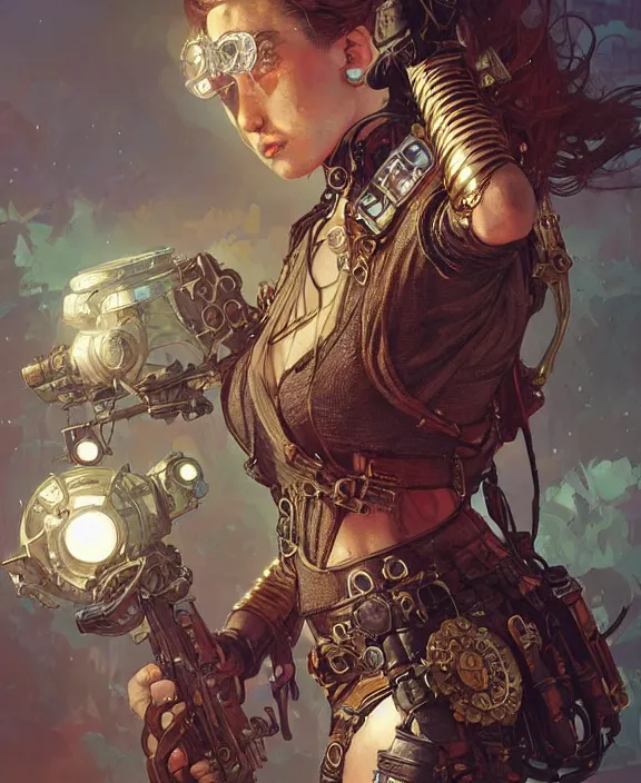 Image similar to a steampunk dieselpunk terminator, fantasy, intricate, elegant, highly detailed, colorful, vivid color, digital painting, artstation, concept art, art by artgerm and greg rutkowski and alphonse mucha and ruan jia