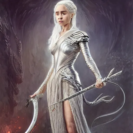 Prompt: A painting of Daenerys Targaryen wearing a intricate silver armor and holding Excalibur by nuri iyem, james gurney, james jean, greg rutkowski, anato finnstark. hyper detailed