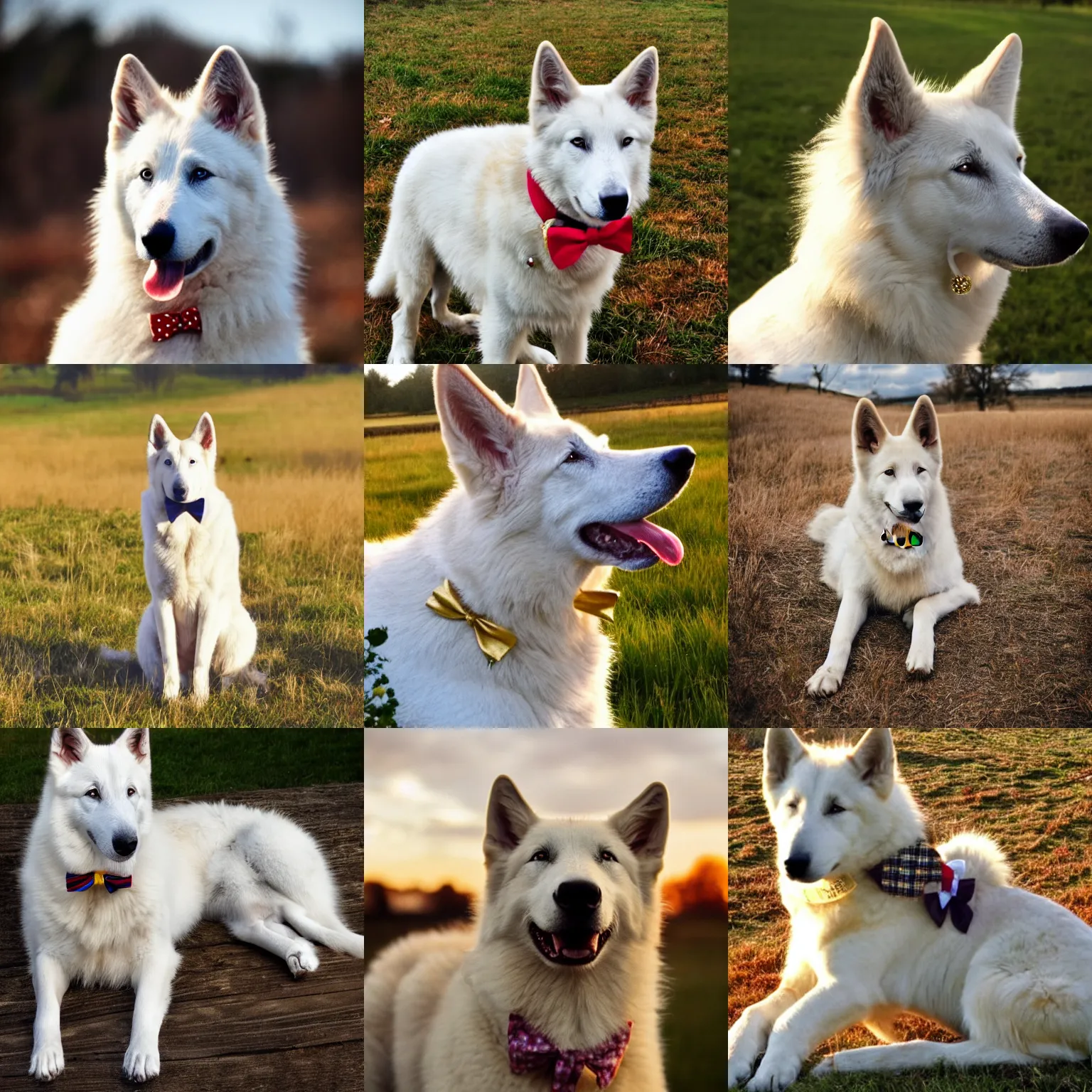 Prompt: white shepherd wearing a cute bowtie, nature, golden hour,