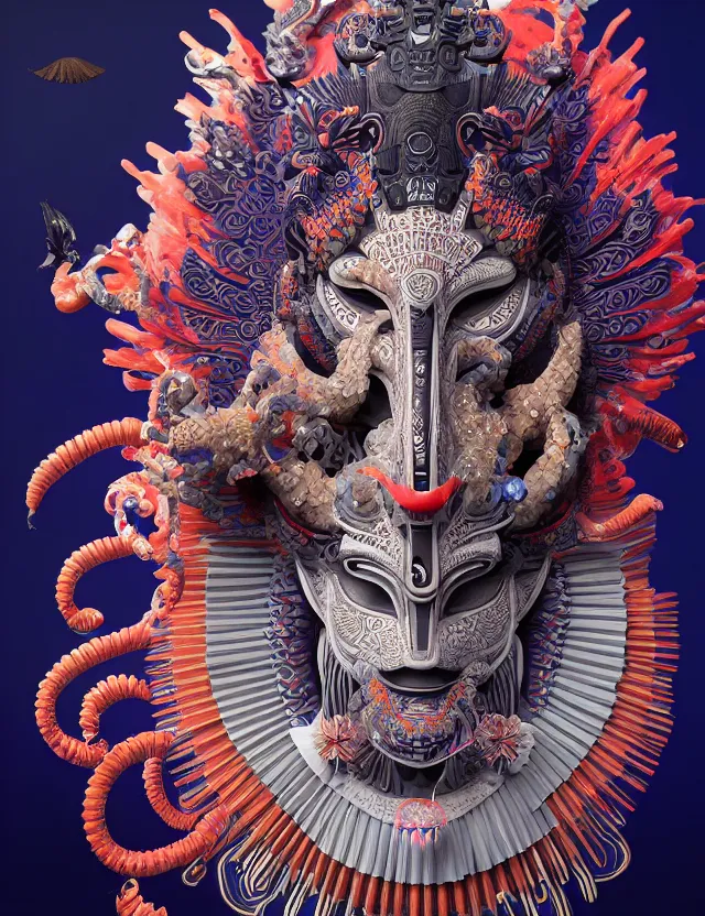 Image similar to 3 d goddess close - up profile portrait aztec with ram skull. beautiful intricately detailed japanese crow kitsune mask and clasical japanese kimono. betta fish, jellyfish phoenix, bio luminescent, plasma, ice, water, wind, creature, artwork by tooth wu and wlop and beeple and greg rutkowski