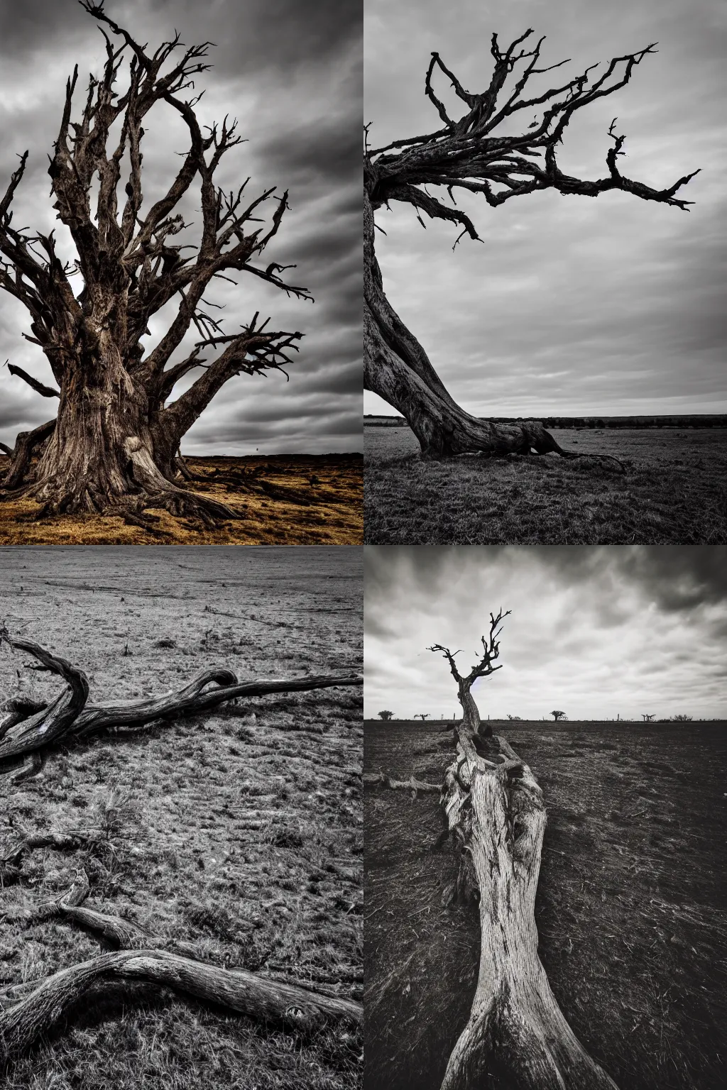 Prompt: wide-angle lens photo of a big, gnarly dead tree in the middle of a barren field on an overcast day, dark, dramatic, desaturated cold color palette, Nikon 10mm, 4k, high quality