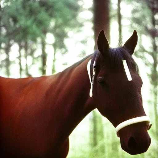 Image similar to 120mm photograph of a horse, wearing a white fly mask, forest , Photo is shot using a Rolleiflex TLR, with Kodachrome film,