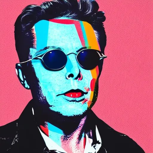 Prompt: the portrait of depressed, miserable, sorrow elon musk worrying he forgot to unplug the iron. wearing fashionable sun glasses. colorful pop art, modern art, by andy warhol