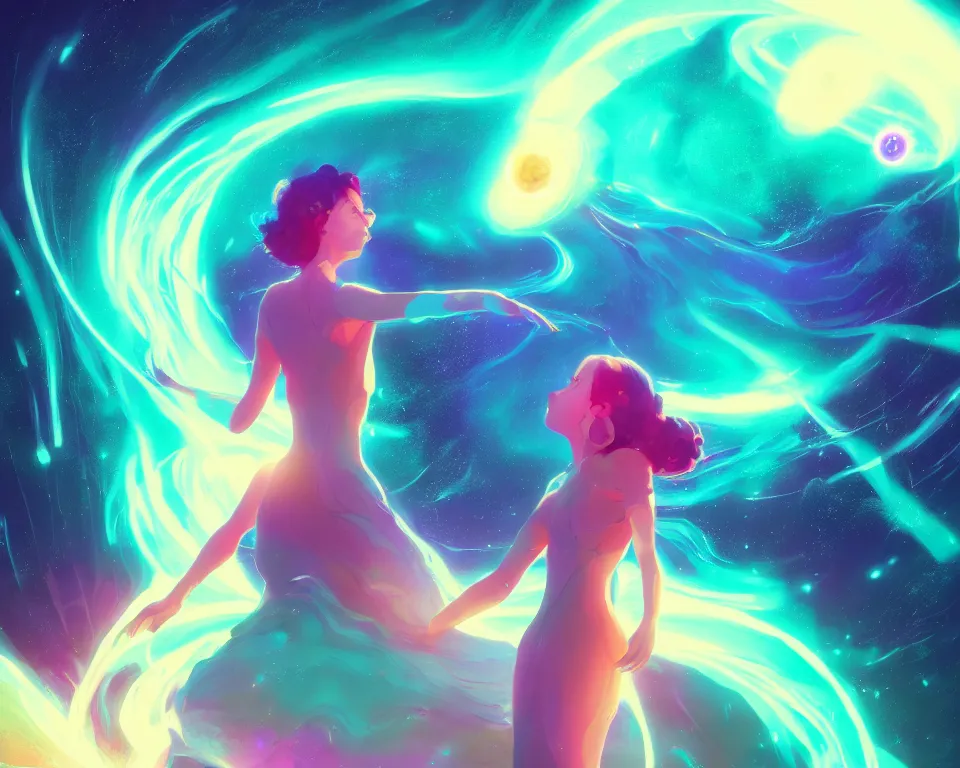 Image similar to a beautiful whimsical woman standing under a multi-colored binary blackhole with an accretion disc, casting magic, glowing trails following her arms, acidwave, by Lois van Baarle, by Greg Rutkowski, by artgerm, by beeple, by studio ghibli, cinematic angle, volumetric lighting, 4k resolution, octane render, trending on artstation, masterpiece