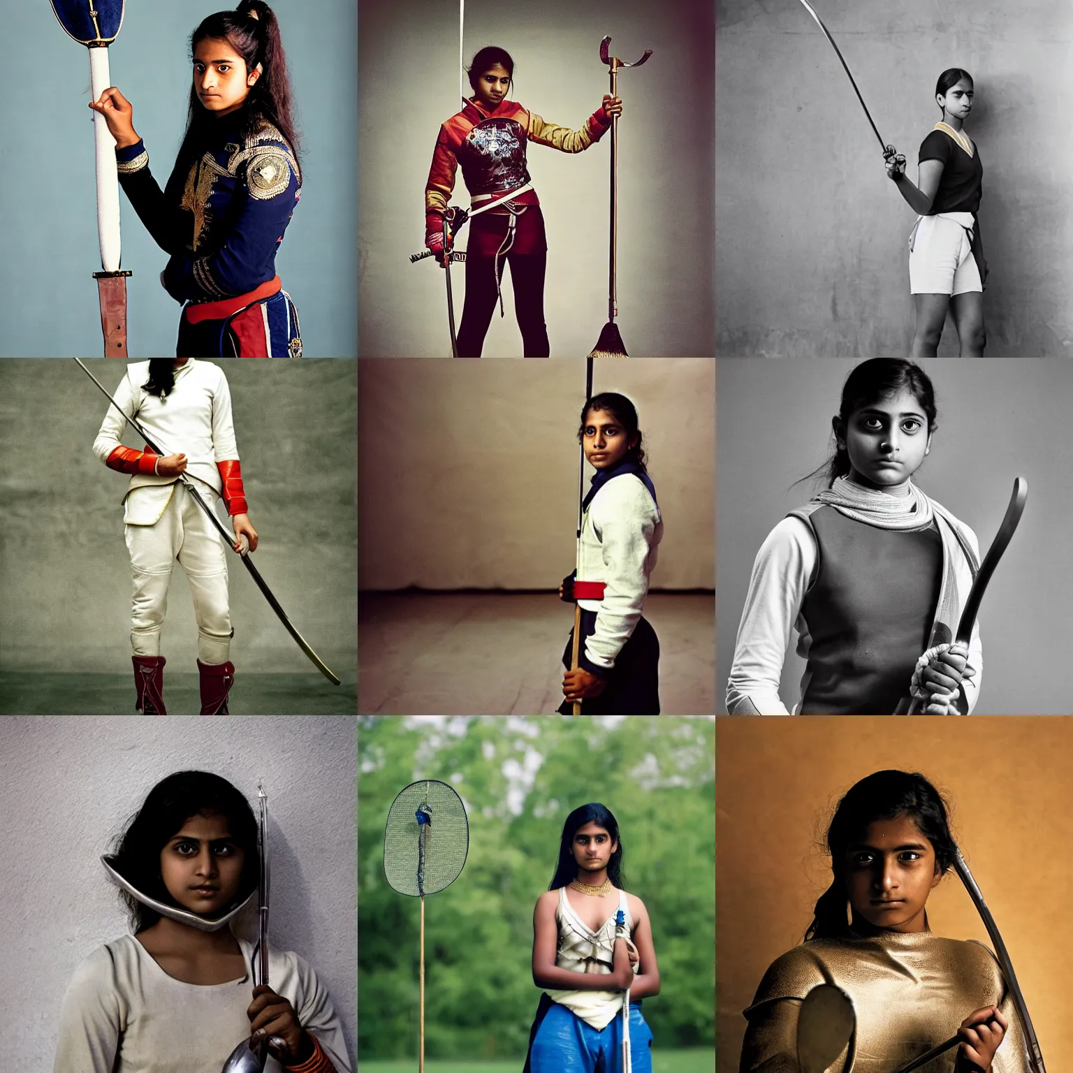 Prompt: A young Indian female fencer, holding an epee, candid portrait photography by Annie Leibovitz