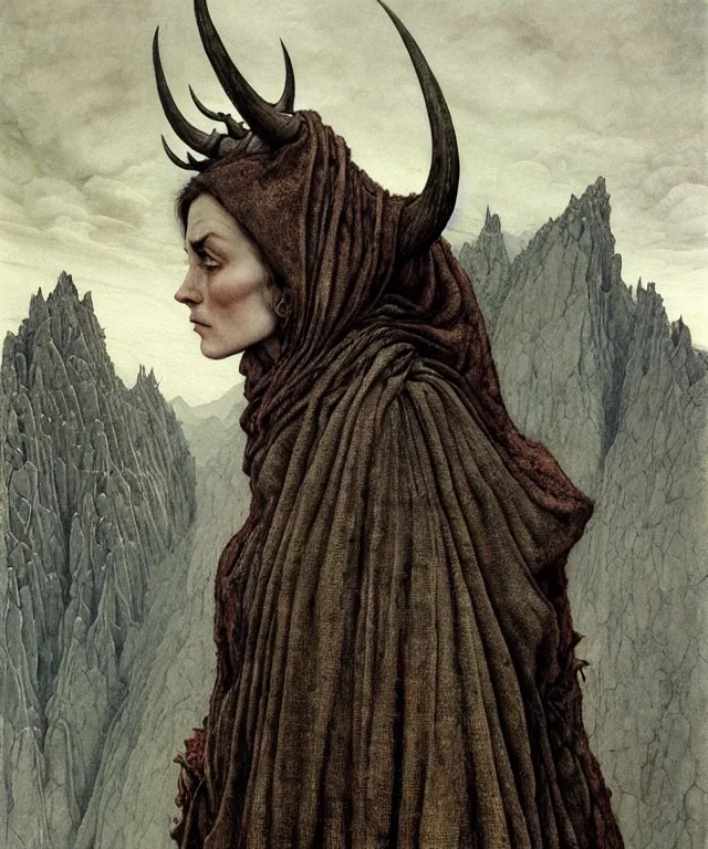 Image similar to A detailed horned boarwoman stands among the mountains. Wearing a ripped mantle, robe. Perfect faces, extremely high details, realistic, fantasy art, solo, masterpiece, art by Zdzisław Beksiński, Arthur Rackham, Dariusz Zawadzki