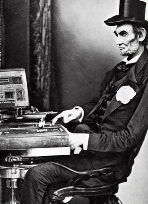 Prompt: old photo from behind of abraham lincoln playing nintendo on a steampunk television