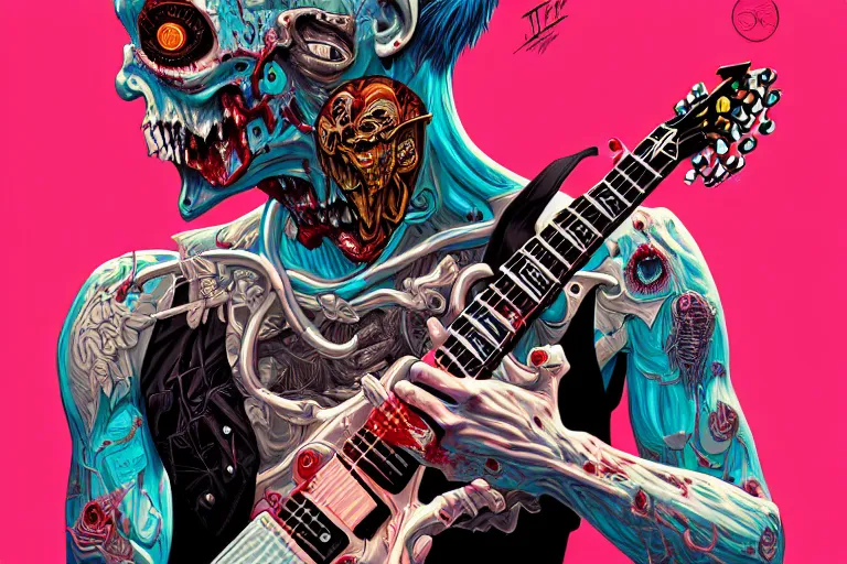 Image similar to zombie metal guitarist, tristan eaton, victo ngai, artgerm, rhads, ross draws, intricated details, 3 / 4 view, full body portrait