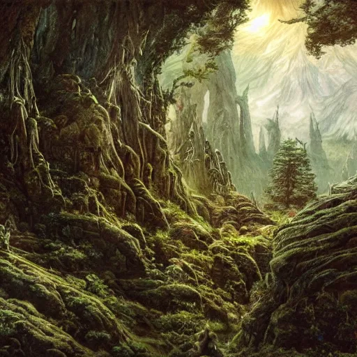 Image similar to a beautifully epic and insanely detailed oil painting of an elven temple deep in the misty mountains, secret valley, tall spires, beautiful trees, runes carved into the stone, intricate details, epic scale, insanely complex, 8 k, sharp focus, hyper realism, fantasy landscape, psychedelic, by caspar friedrich, brian froud, albert bierstadt,