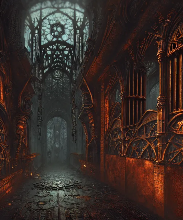 Image similar to steam necropolis, memento mori, gothic, neo - gothic, art nouveau, hyperdetailed copper patina medieval icon, stefan morrell, philippe druillet, ralph mcquarrie, concept art, steampunk, unreal engine, detailed intricate environment, octane render, moody atmospherics, volumetric lighting, ultrasharp, ominous, otherworldly