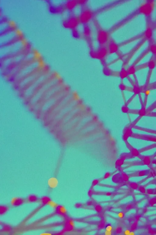 Image similar to agfa vista 4 0 0 photograph of a blooming dna helix, synth vibe, vaporwave colors, lens flare, moody lighting, moody vibe, telephoto, 9 0 s vibe, blurry background, grain, tranquil, calm, faded!,