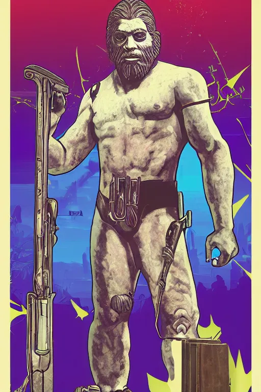 Prompt: saint homo neanderthalis with book of science on his right hand, and riffle, violet polsangi pop art, gta chinatown wars art style, bioshock infinite art style, incrinate, dynamic composition, hyperrealistic, two colors, white frame, 4 k, uhd, remove duplicate content