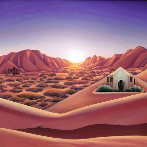 Image similar to a beautiful painting of a village in the desert, white houses, two suns, cowboy bebop