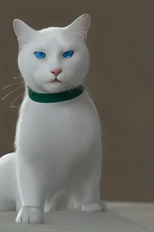 Image similar to a white cat with blue eyes wearing a red and green formal overcoat, hyperrealistic, concept art, octane render, unreal engine 5, realistic and defined face, profile picture, digital art, pixar and disney style, symmetrical, high quality, highly detailed, high coherence, path traced, house background, low contrast, beautiful