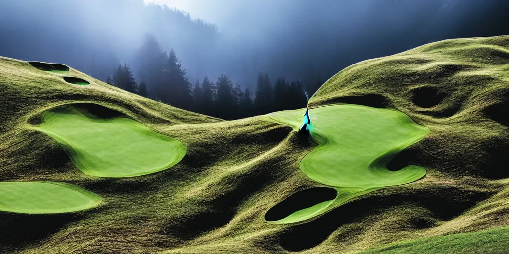 Image similar to a great photograph of the most amazing golf hole in the world, perfect light, steep drop, in the swiss alps, high above treeline, ambient light, 5 0 mm, golf digest, top 1 0 0, fog