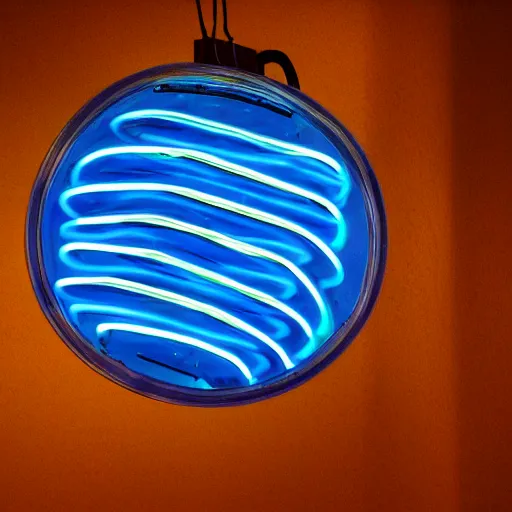 Prompt: a blue twisted neon light under glass under sand