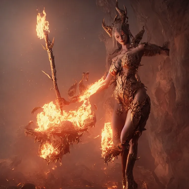 Prompt: beautiful demoness rising from the ash holding burning swords, realistic rendering, octane render, unreal engine, 8 k highly detailed, intricate details, vray, highly detailed, luxury, fractal, golden ratio, elegant, epic, style by greg rutkowski, cinematic lighting