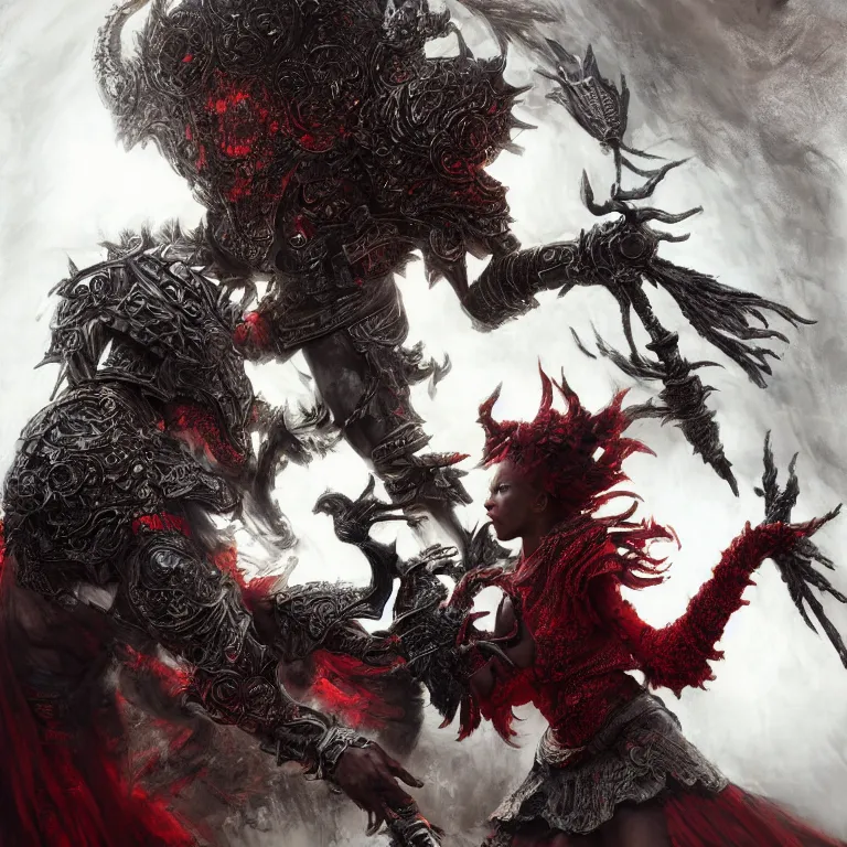 Image similar to dance of black man and a female red devil, Dark Souls 3 themed, in style of Ruan Jia, insanely detailed and intricate, elegant, ornate, luxury, elite, matte painting, cinematic, cgsociety, James jean, Brian froud, ross tran, Laputa