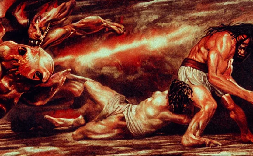 Image similar to hyperrealistic photo of Jesus Christ punching red-skinned Satan devil demon in the face on the floor of the Roman Coliseum, 8k cinematic, epic fight scene, directed by Michael Bay