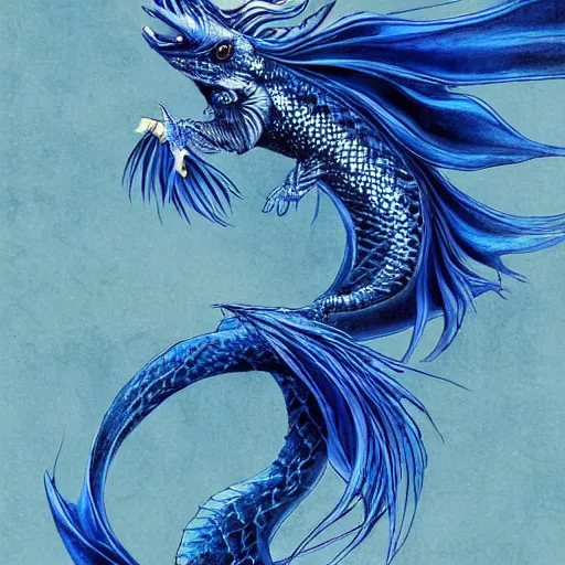 Prompt: blue betta fish koi dragon flying through water, art, fantasy, intricate, elegant, highly detailed, digital painting, trending on artstation, concept art, smooth, sharp focus, hyperrealistic, illustration, art by Loish and WLOP