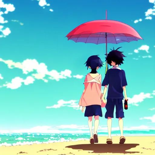 Image similar to anime girl and boy walking together on the Beach, Rain, umbrella, by makoto shinkai, Studio Ghibli, anime wallpaper, illustration, 4k Wallpaper, flat colors