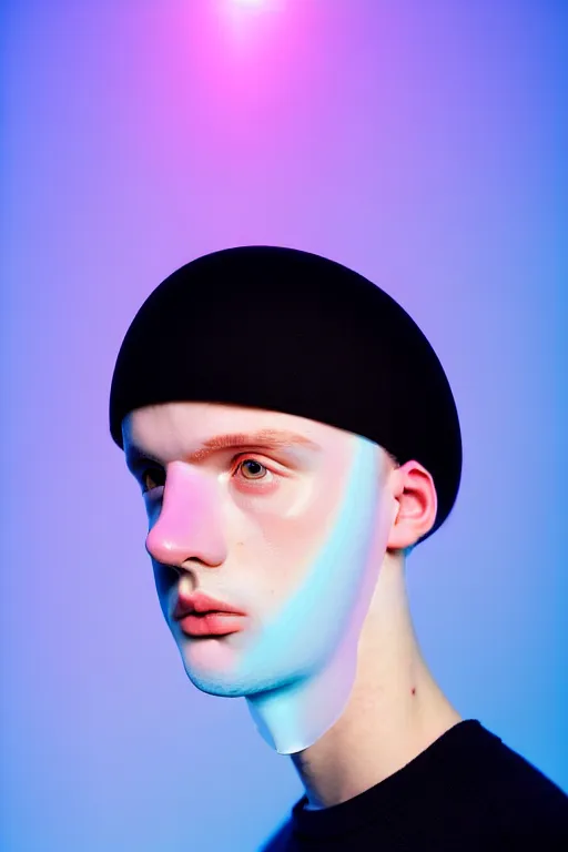 Image similar to high quality pastel coloured film mid angle portrait photograph of a beautiful young 2 0 year old male, soft features, short hair, perspex face visor and oversized inflated clothing!!!! icelandic black! rock pool environment. atmospheric three point light. photographic. art directed. ( pastel colours ). volumetric. clearcoat. waves. 8 k. filmic.