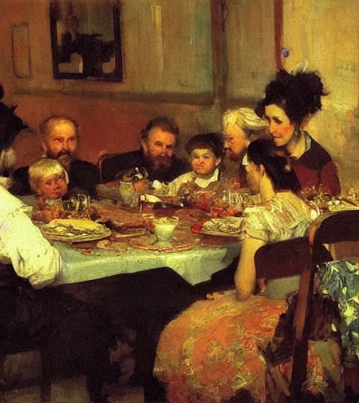 Image similar to high quality high detail painting by ilya repin, family dinner, hd