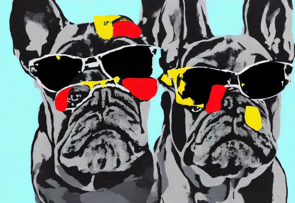 Prompt: An Andy Warhol style painting of a French bulldog wearing sunglasses