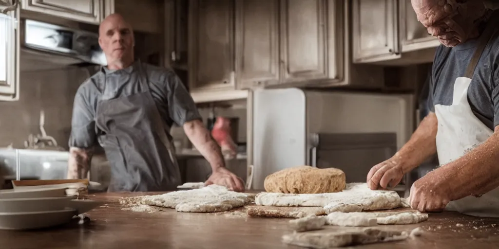 Image similar to jason voorhees in the kitchen, wearing an apron, baking a loaf of bread, ultrafine detail, mid day lighting