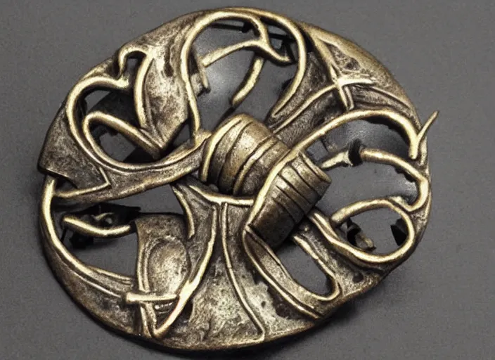 Prompt: “Scandinavian viking age bronze brooch, detailed”