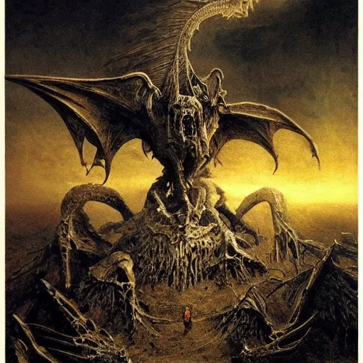 Image similar to cathedral made of bones, dragons fighting in the air, hellscape by beksinski