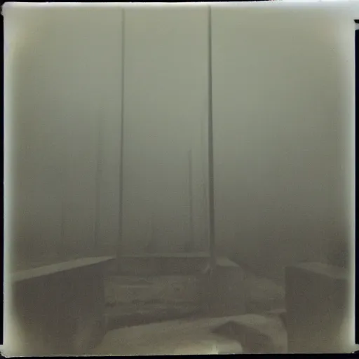 Image similar to an impossibly complex concrete structure, foggy, dark, old polaroid, expired film,